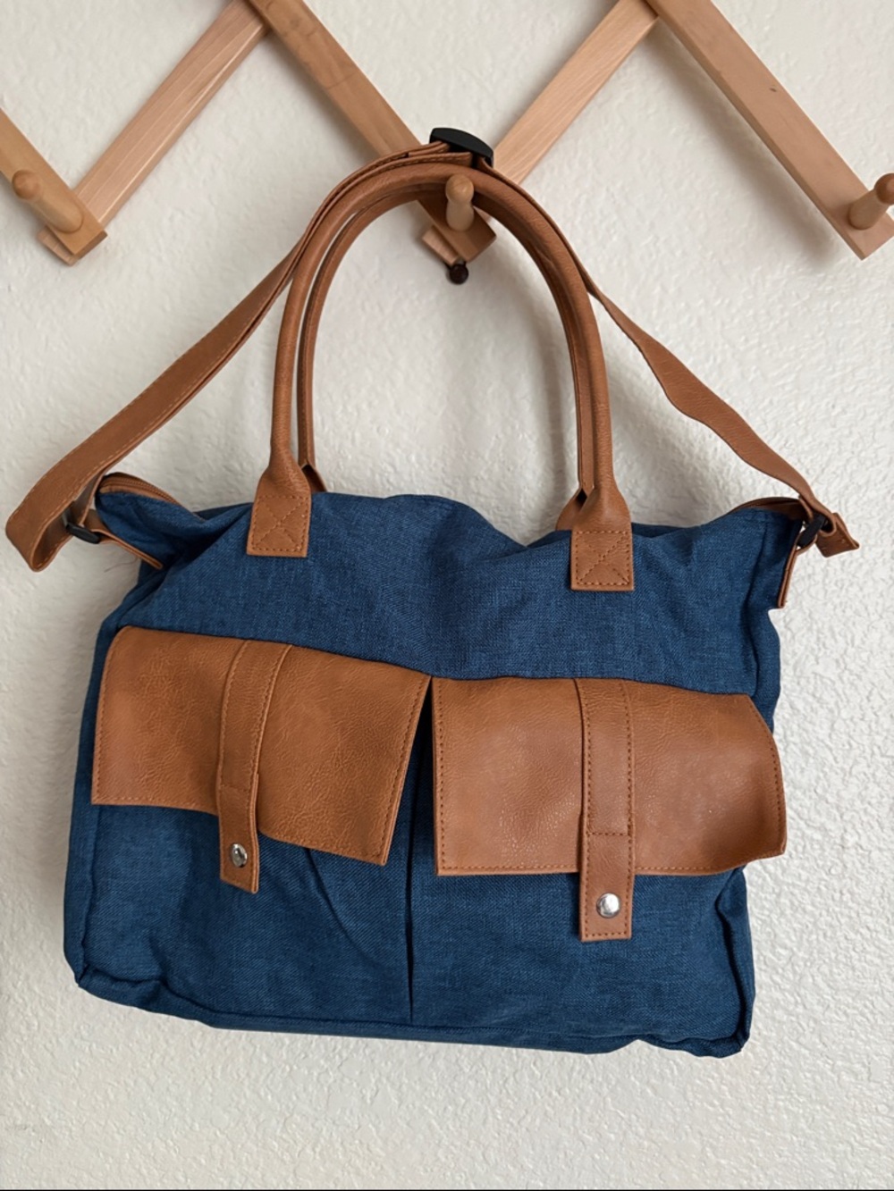 Blue Canvas Tote with Brown Faux Leather Trim